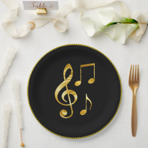 Plato De Papel Iconos de música, círculo dorado sobre negro,