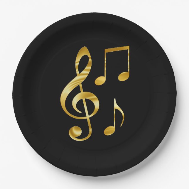 Plato De Papel Iconos de música, oro en negro, (Anverso)