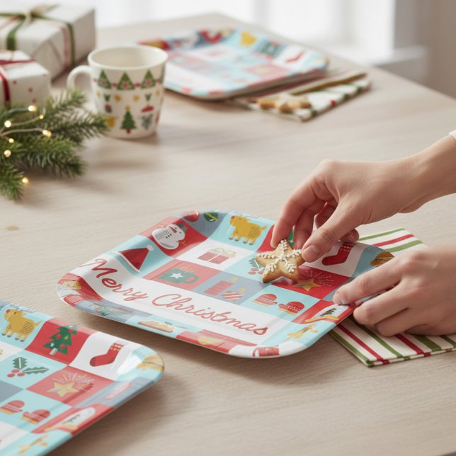 Plato De Papel Iconos de Navidades de invierno alegres y retro (Subido por el creador)