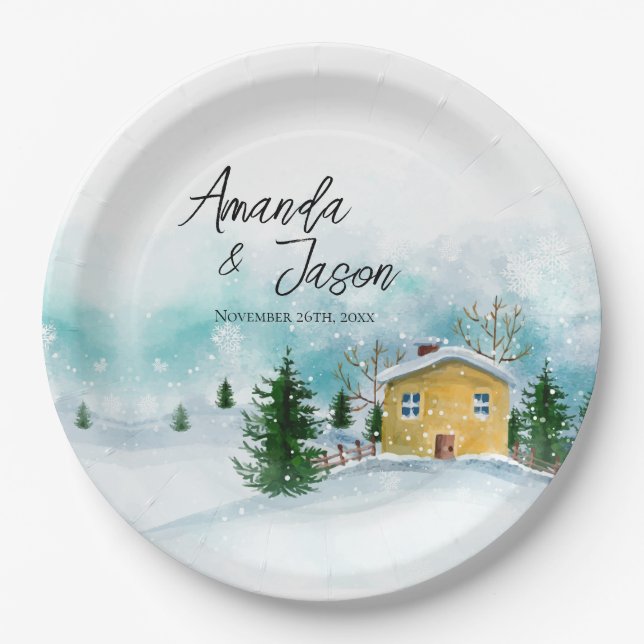 Plato De Papel Icy Blue Snowy Landscape Winter Wedding Fiesta (Anverso)