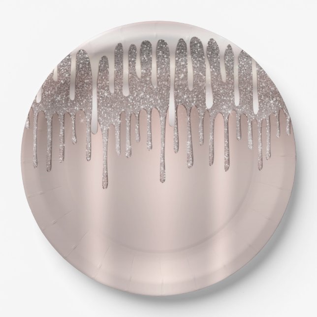 Plato De Papel Icy Rosa Rosa Dorado Purpurina de diamantes Drip D (Anverso)