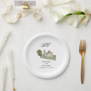 Plato De Papel Iglesia acuarela Monograma tradicional Boda