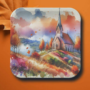 Plato De Papel Iglesia de acuarela en un día de otoño