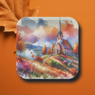 Plato De Papel Iglesia de las acuarelas en el día de otoño