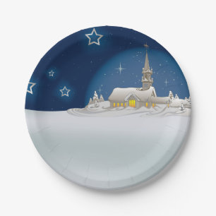 Plato De Papel Iglesia de Navidad Nevada Noche Estrellada