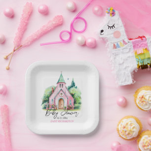 Plato De Papel Iglesia rosa acuarela floral ducha de bebé