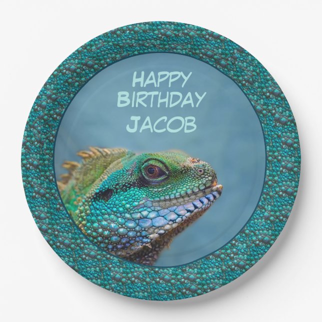Plato De Papel Iguana Feliz cumpleaños verde, azul, Verde azulado (Anverso)