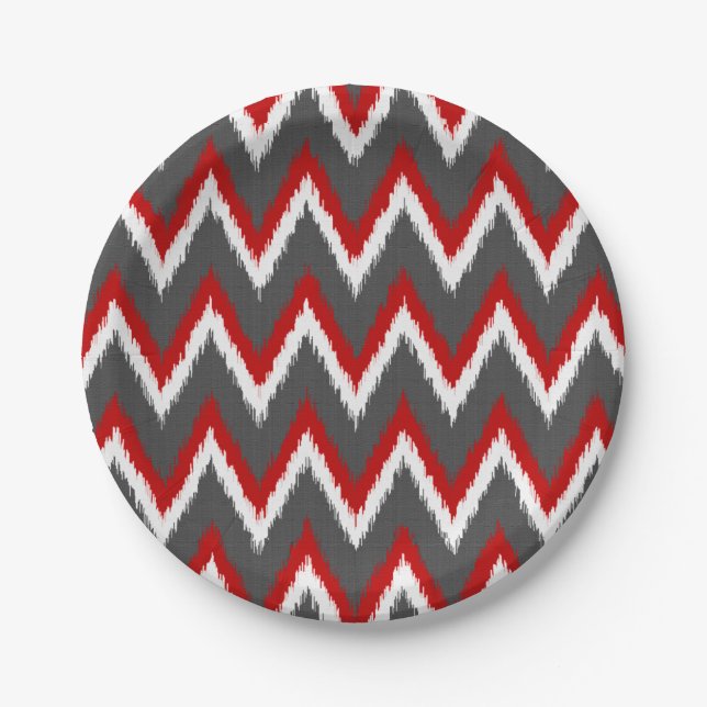 Plato De Papel Ikat Chevron Stripes - Rojo, Blanco y Gris / Gris (Anverso)