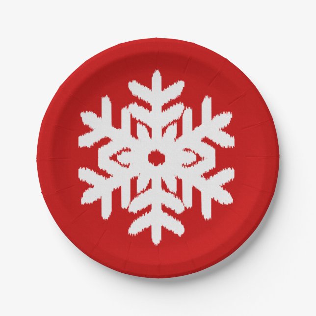 Plato De Papel Ikat Snowflake - Blanco y rojo oscuro (Anverso)