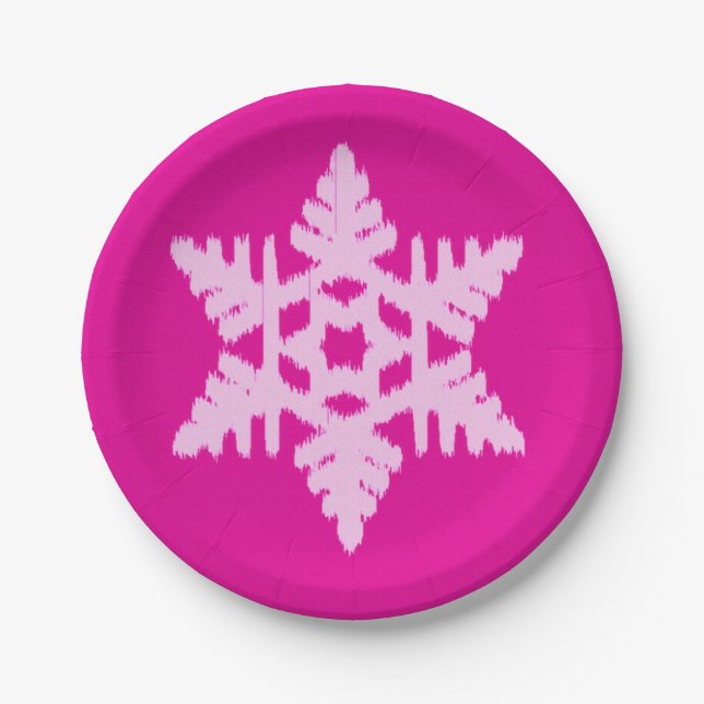 Plato De Papel Ikat Snowflake - Fuchsia y el hielo rosado (Anverso)