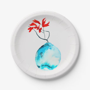 Plato De Papel Ikebana acuarela florero azul