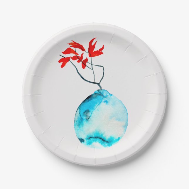 Plato De Papel Ikebana acuarela florero azul (Anverso)