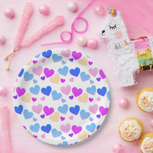 Plato De Papel illusima Arcoíris Azul, Rosa, Corazones Morados Fi (Fiesta)
