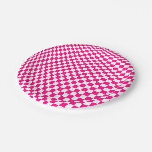 Plato De Papel Ilusión óptica de cuadros rosados y blancos