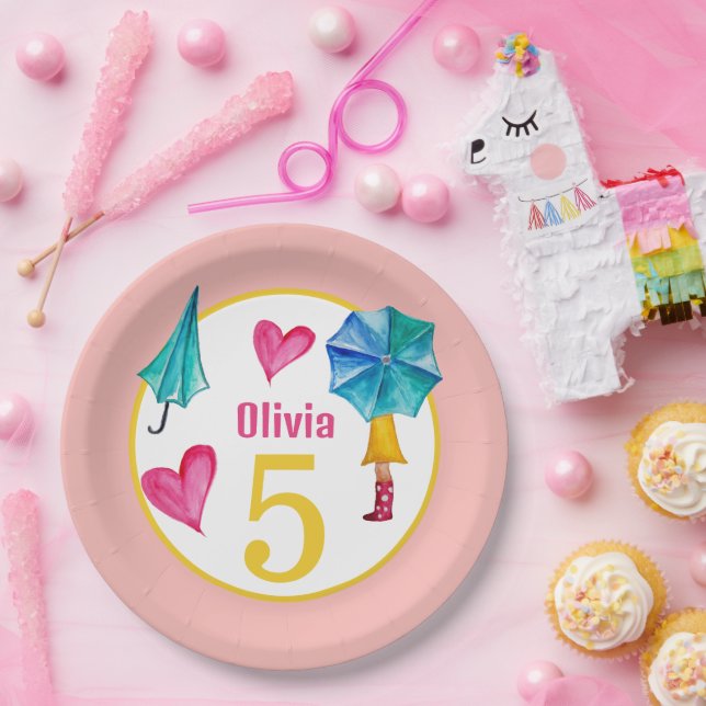 Plato De Papel Ilustracion acuarela de Cute Umbrella Chica (Fiesta)