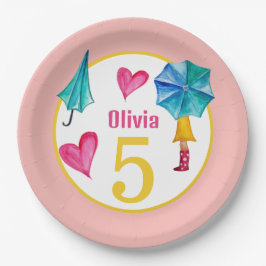 Plato De Papel Ilustracion acuarela de Cute Umbrella Chica