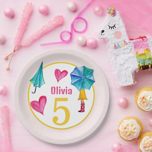 Plato De Papel Ilustracion acuarela de Cute Umbrella Chica (Fiesta)