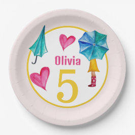 Plato De Papel Ilustracion acuarela de Cute Umbrella Chica