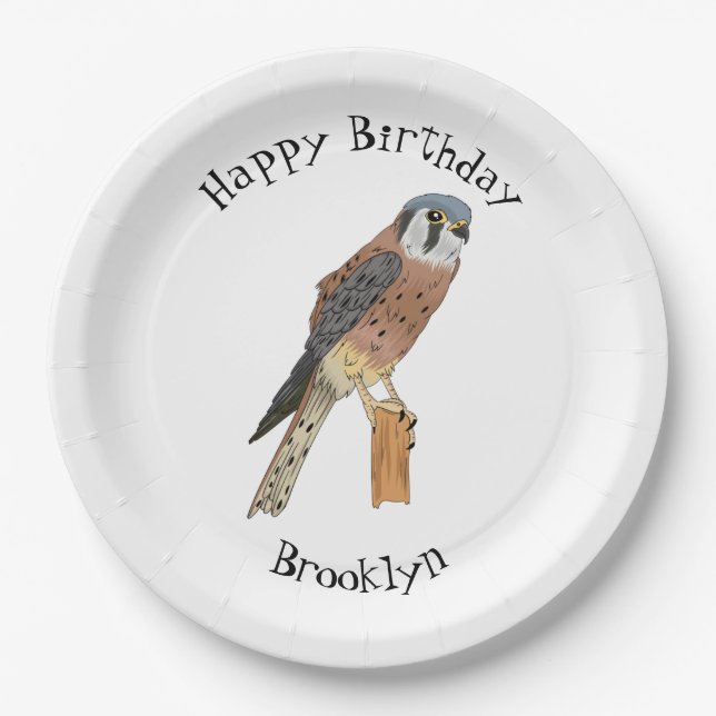 Plato De Papel Ilustracion americano de aves de Kestrel (Anverso)