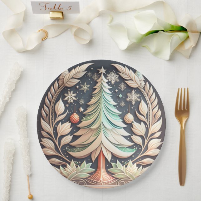 Plato De Papel Ilustracion Boho Green Christmas Tree (Boda)
