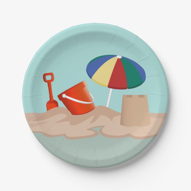 Plato De Papel Ilustracion Bucket and Spade Circle Beach Scene (Anverso)