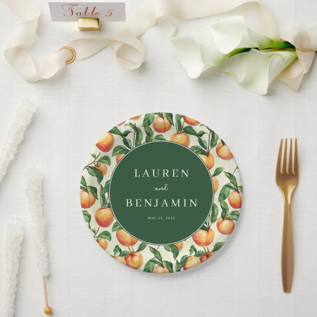 Plato De Papel Ilustración caprichosa de melocotón verde (Boda)