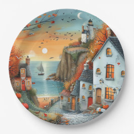 Plato De Papel Ilustracion caprichoso de la casa de otoño