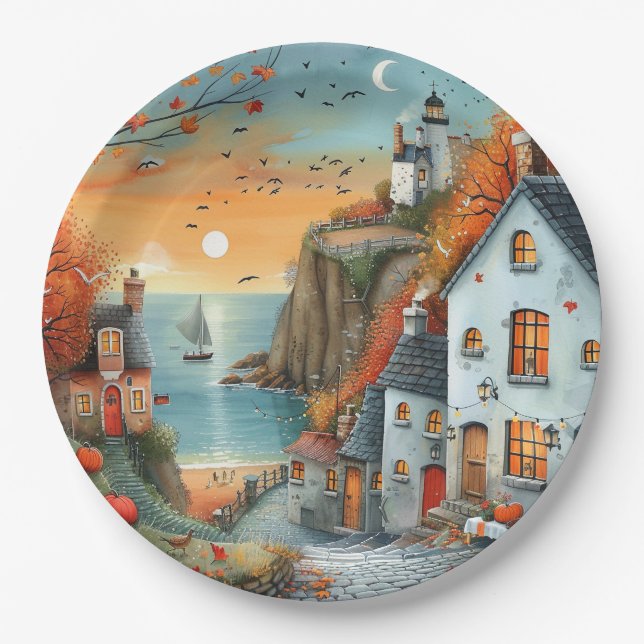 Plato De Papel Ilustracion caprichoso de la casa de otoño (Anverso)