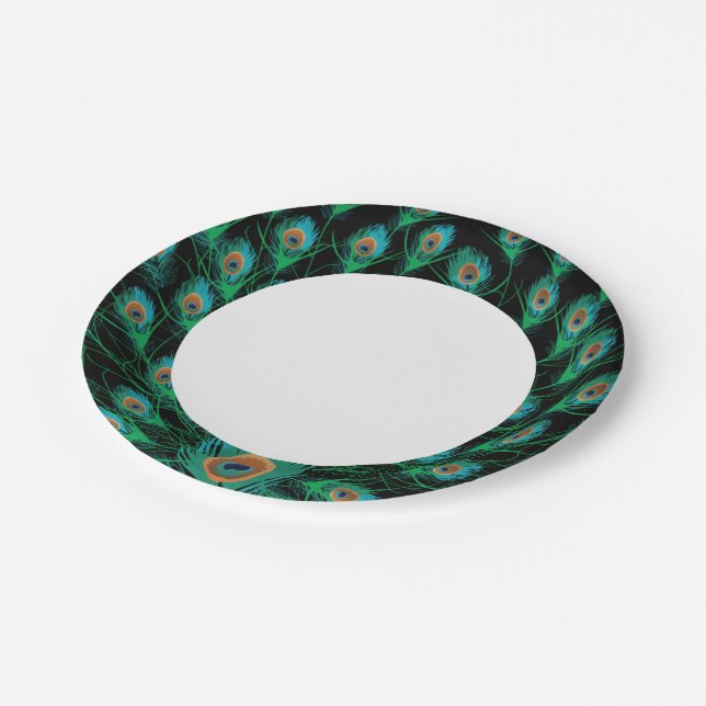 Plato De Papel Ilustracion con plumas de pavo real en negro (Angular)