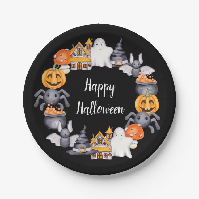 Plato De Papel Ilustracion Cute Black Happy Halloween (Anverso)