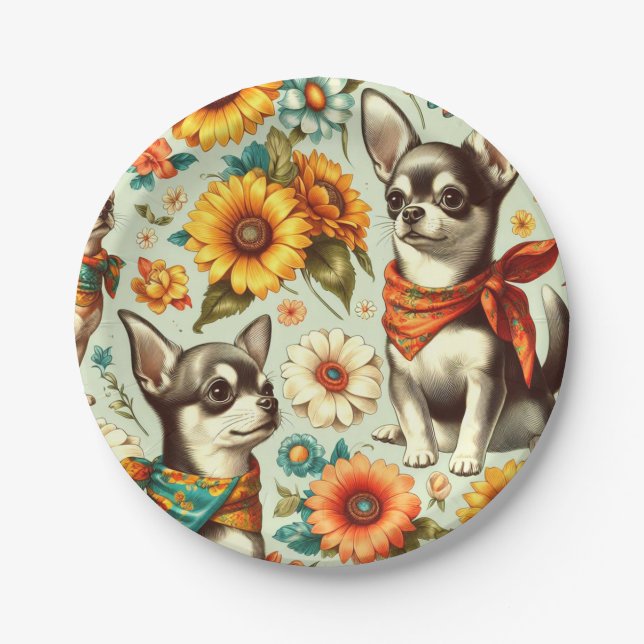 Plato De Papel Ilustracion Cute Retro Chihuahua (Anverso)