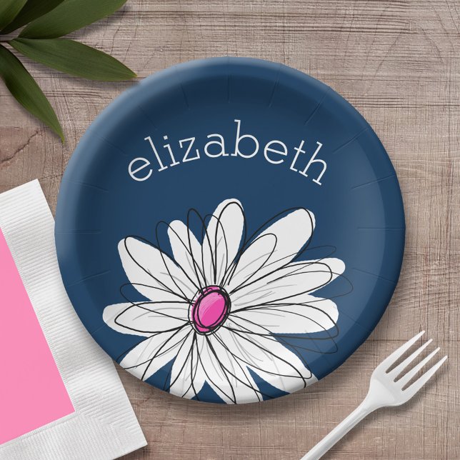 Plato De Papel Ilustracion Daisy Floral de moda - marina y rosa (Personalized party plate with area for name - whimsical daisy )
