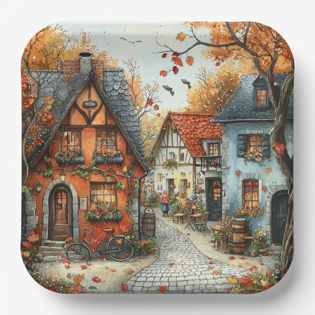Plato De Papel Ilustracion de Aldea Otoño Naranja Europea (Anverso)