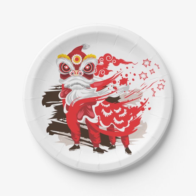 Plato De Papel Ilustracion de bailarina de leones rojos (Anverso)