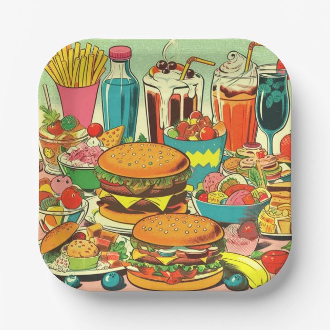 Plato De Papel Ilustración de cómic de comida retro (Anverso)