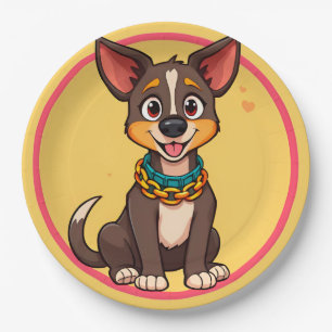Plato De Papel Ilustración de dibujos animados de perro feliz