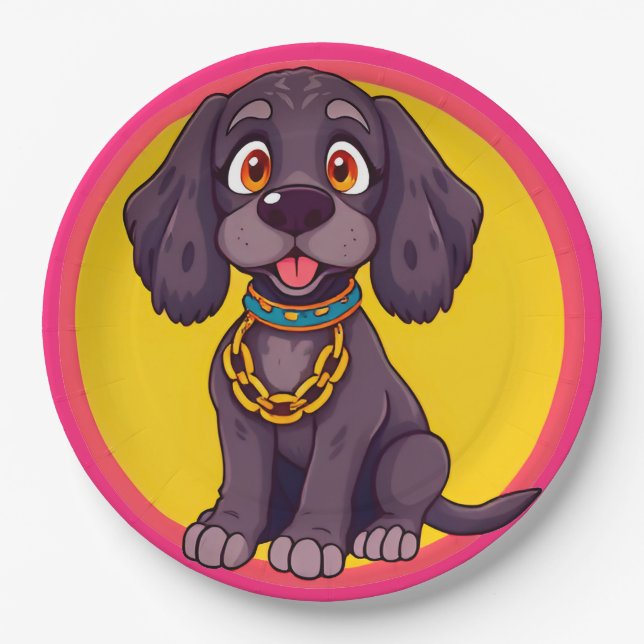 Plato De Papel Ilustración de dibujos animados de perro feliz (Anverso)
