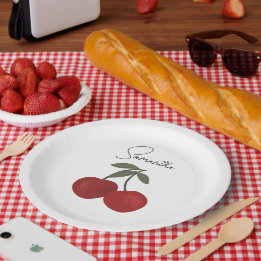 Plato De Papel Ilustración de Dos Cerezas Rojas | Arte de Frutas