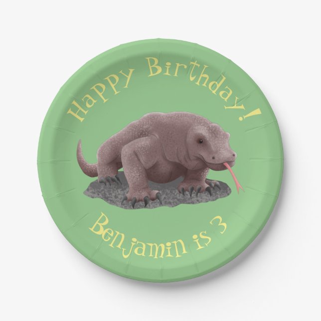 Plato De Papel Ilustracion de dragón de Komodo (Anverso)