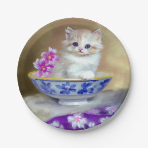 Plato De Papel Ilustracion de gatito blanco vintage