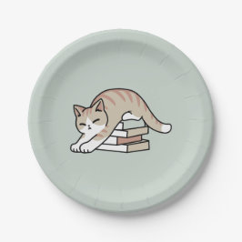 Plato De Papel Ilustracion de Gato de Amante de Libros - Curva y