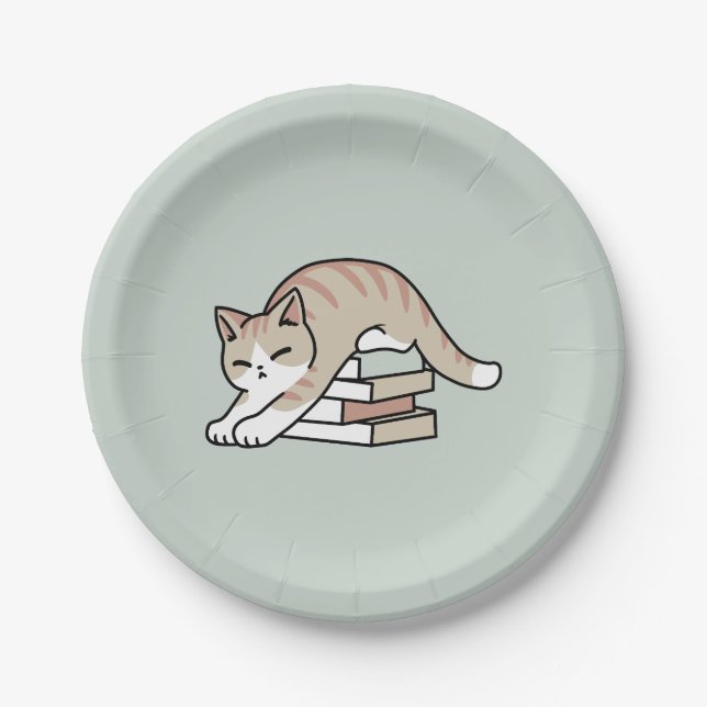 Plato De Papel Ilustracion de Gato de Amante de Libros - Curva y  (Anverso)