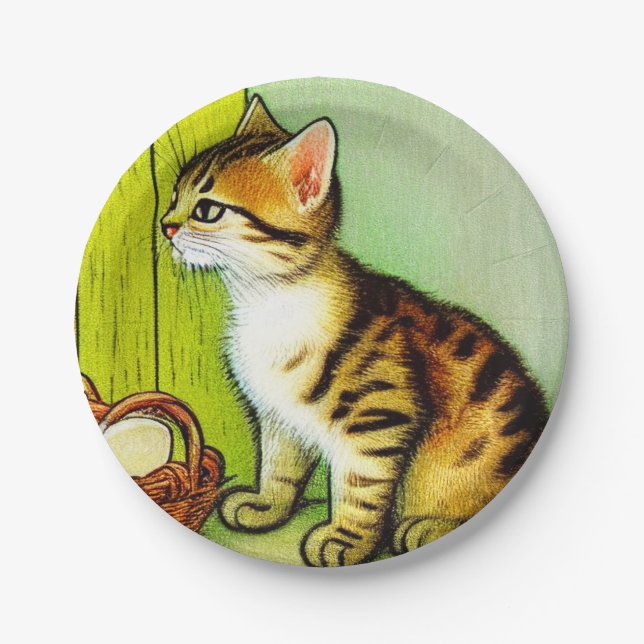 Plato De Papel Ilustracion de gato de tabby de época (Anverso)