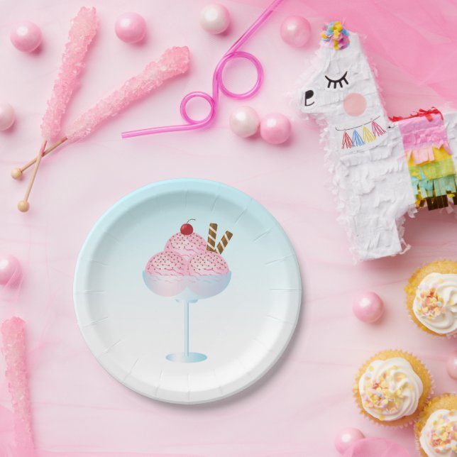Plato De Papel Ilustracion de helados de fresa rosada (Fiesta)