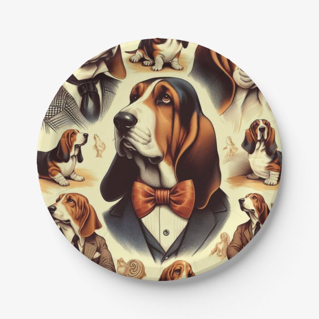 Plato De Papel Ilustracion de helio vintage Basset (Anverso)