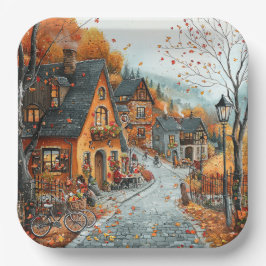 Plato De Papel Ilustracion de la Aldea Otoño