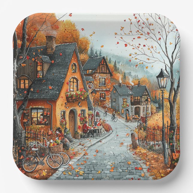 Plato De Papel Ilustracion de la Aldea Otoño (Anverso)