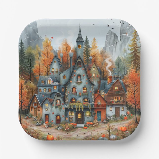 Plato De Papel Ilustracion de la Mansión Autumn Whimsical (Anverso)