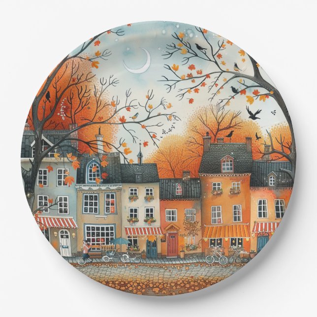 Plato De Papel Ilustracion de las casas Naranjas de otoño (Anverso)