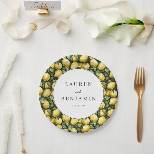 Plato De Papel Ilustración de limón amarillo alegre (Boda)